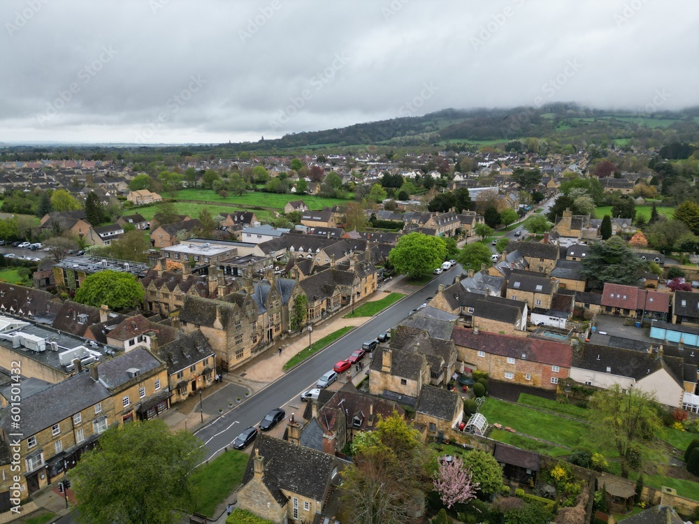 Broadway large village  in Worcestershire UK drone , aerial,