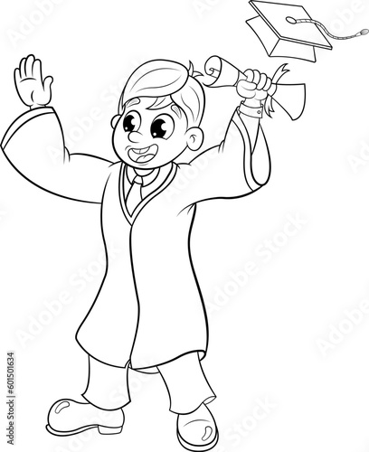 Dibujo vectorial sin color y sin fondo de un joven graduado que recibió su diploma.