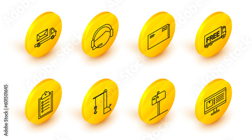 Set line Computer monitor with app delivery tracking, Open mail box, Harbor port crane, Verification of list clipboard, Free service, Envelope, Support operator touch and Post truck icon. Vector