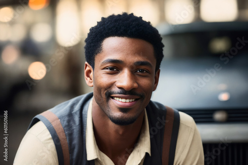 Portrait of the smiling an African American male factory worker in an orange vest and industry background. Generative AI