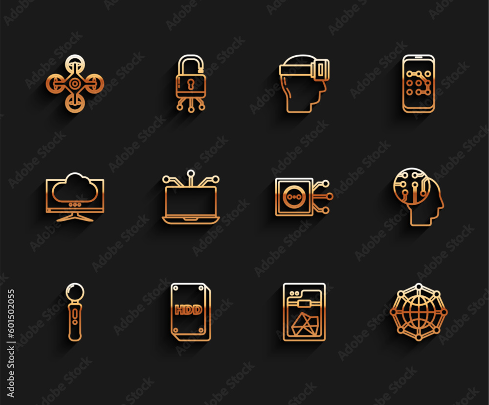 Set line Gamepad, Hard disk drive HDD, Drone, 3D printer, Global technology or social network, Laptop, Human brain as digital circuit board and Remote control icon. Vector Set line Gamepad, Hard disk drive HDD, Drone, 3D printer, Global technology or social network, Laptop, Human brain as digital circuit board and Remote control icon. Vector