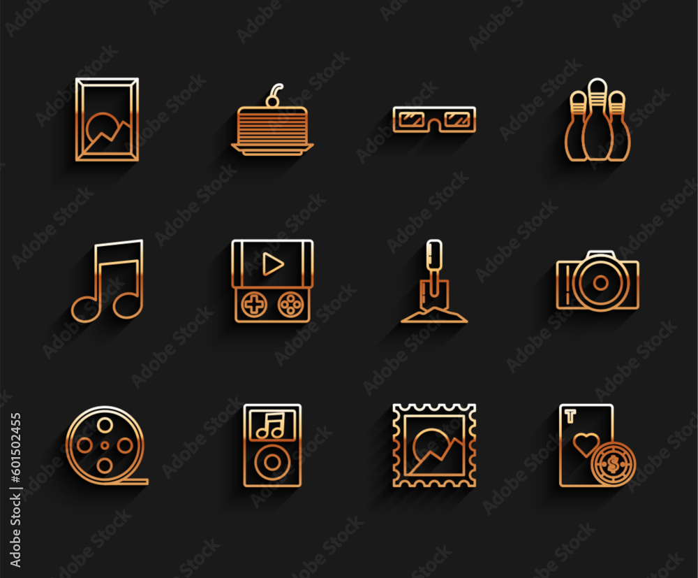 Set line Film reel, Music player, Picture landscape, Casino chip playing cards, Portable video game console, Photo camera and Shovel the ground icon. Vector Set line Film reel, Music player, Picture landscape, Casino chip playing cards, Portable video game console, Photo camera and Shovel the ground icon. Vector