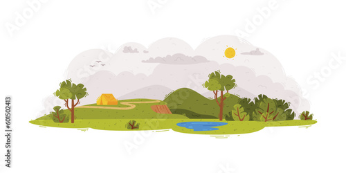 Idyllic Rural Landscape Scene with Green Meadow and Yellow Camp Vector Illustration