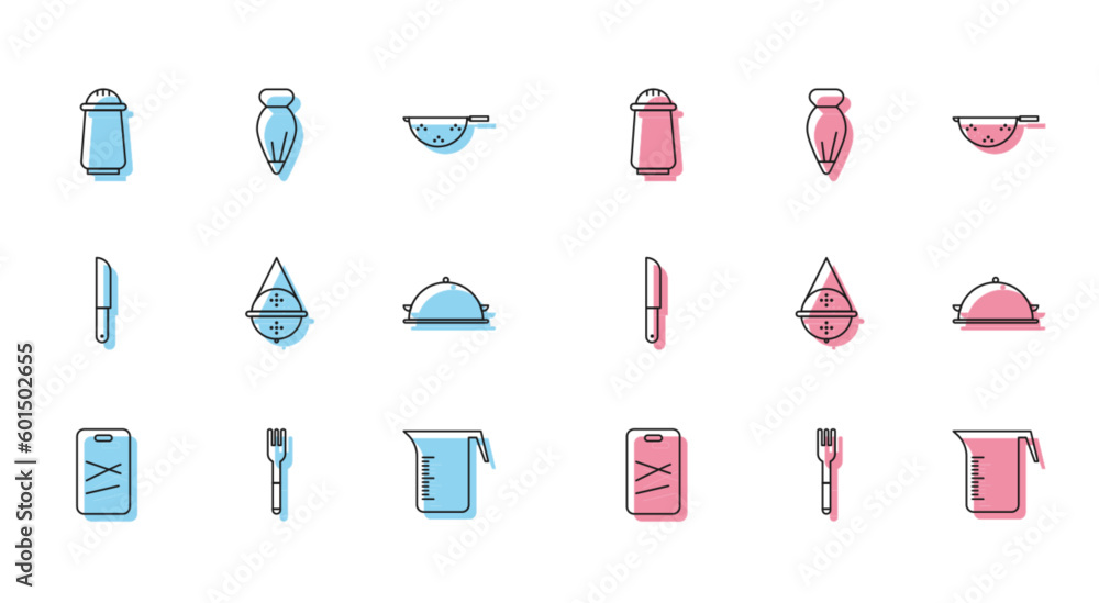 Set line Cutting board, Fork, Salt and pepper, Measuring cup, Ball tea strainer, Covered with tray of food, Knife and Pastry bag for decorate cakes icon. Vector Set line Cutting board, Fork, Salt and pepper, Measuring cup, Ball tea strainer, Covered with tray of food, Knife and Pastry bag for decorate cakes icon. Vector