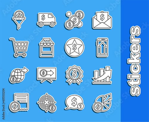 Set line Money and diagram graph, Financial growth coin, Smartphone, mobile phone, Coin money with dollar, Shopping building or market store, cart, Lead management and Star icon. Vector