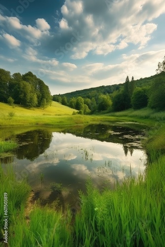 Fields, hills, and pond create a stunning summer green landscape. (Generative AI)