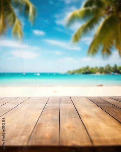 A summer beach background with a wooden table, perfect for product displays. (Generative AI)