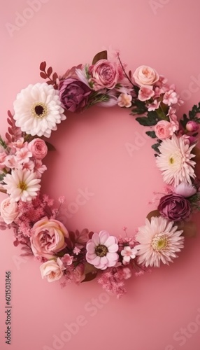 A floral wreath on pink with small flowers serves as a romantic and feminine frame for text; appropriate for weddings, International Women's Day, and Mother's Day. (Generative AI)