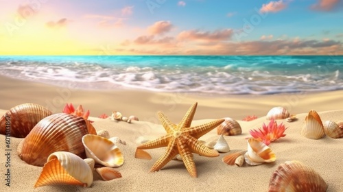 A tropical beach with seashells and starfish on golden sand for a summer holiday.  Generative AI 