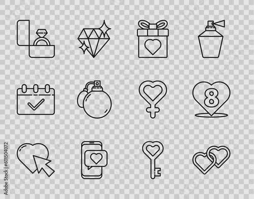 Set line Heart and cursor click, Two Linked Hearts, Gift box heart, Online dating app chat, Diamond engagement ring, Perfume, Key shape and with 8 March icon. Vector