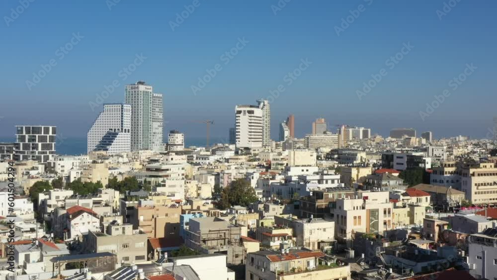 Aerial Forward Residential Structures On Landscape In City Against Clear Sky - Tel Aviv-Yafo, Israel Aerial Forward Residential Structures On Landscape In City Against Clear Sky - Tel Aviv-Yafo, Israel