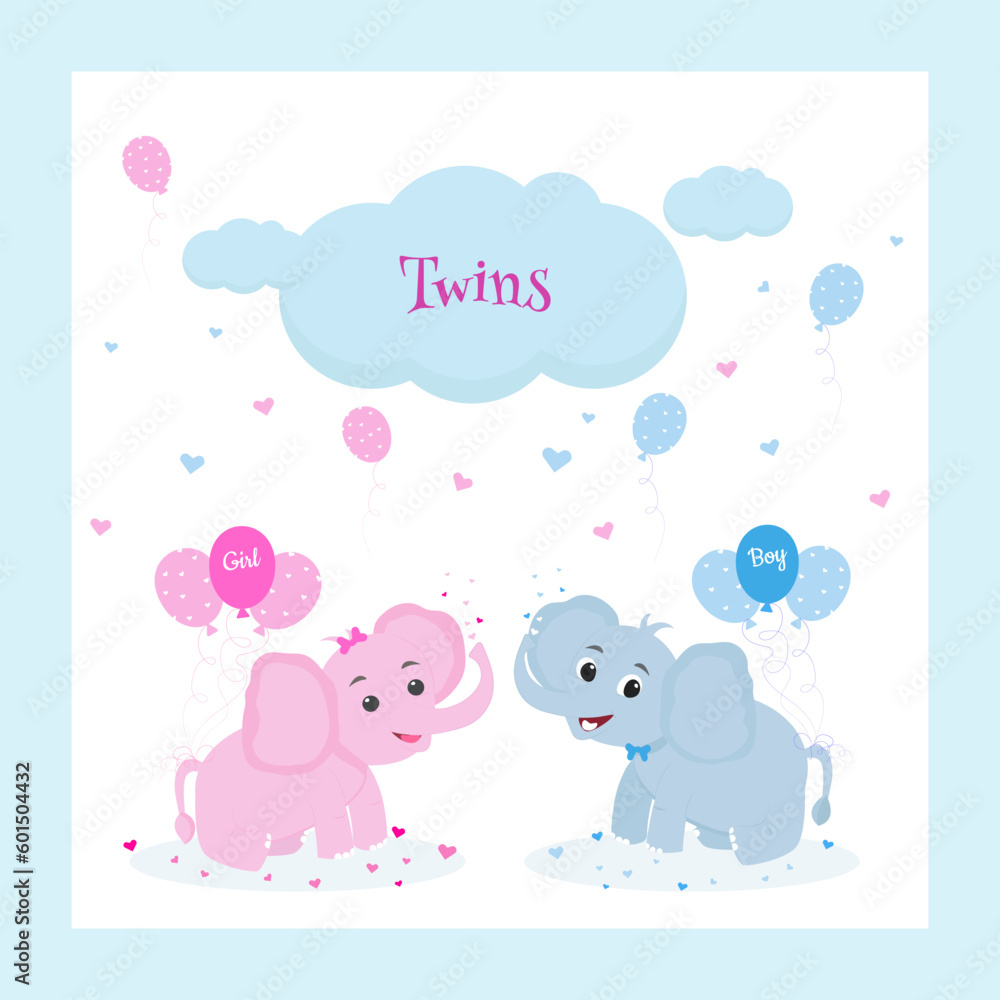Happy birthday twins card with two elefants, balloons, hearts clouds for boy and girl Happy birthday twins card with two elefants, balloons, hearts clouds for boy and girl