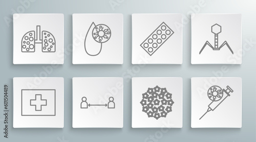 Set line First aid kit, Blood test and virus, Safe distance, Virus, Syringe, Pills blister pack, Bacteria bacteriophage and cells lung icon. Vector