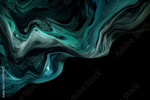 An abstract wallpaper showcases a flowing design where green meets black. Bright waves of color create a futuristic texture, the backdrop glowing with the energy of digital motion. Generative AI.