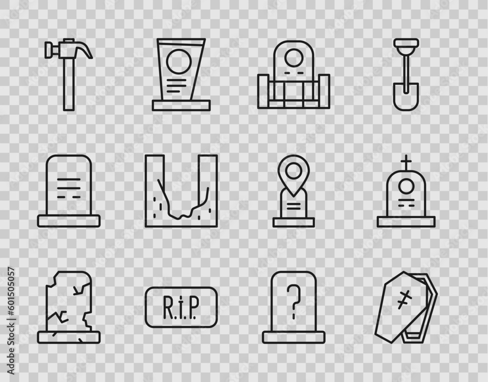 Set line Old grave with tombstone, Coffin cross, Grave, Speech bubble rip death, Hammer, Cemetery digged hole, and icon. Vector Set line Old grave with tombstone, Coffin cross, Grave, Speech bubble rip death, Hammer, Cemetery digged hole, and icon. Vector