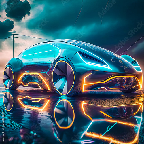 Neon futuristic car of the future. Generative AI