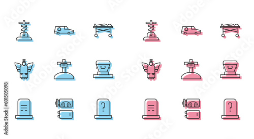 Set line Grave with tombstone, Crematorium, cross, Coffin, Christmas angel and Hearse car icon. Vector