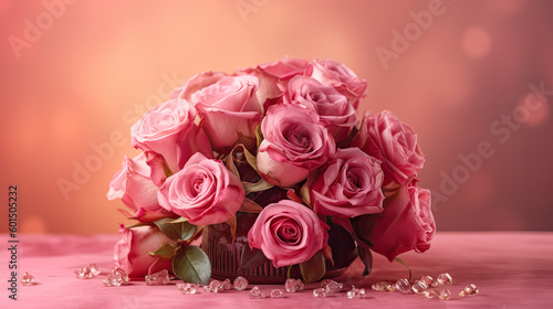 fondo rosa con bokeh y  bouquet de rosas  sobre mesa con espacio vacio. Concepto San VAlentin  dia e la madre  celebraciones