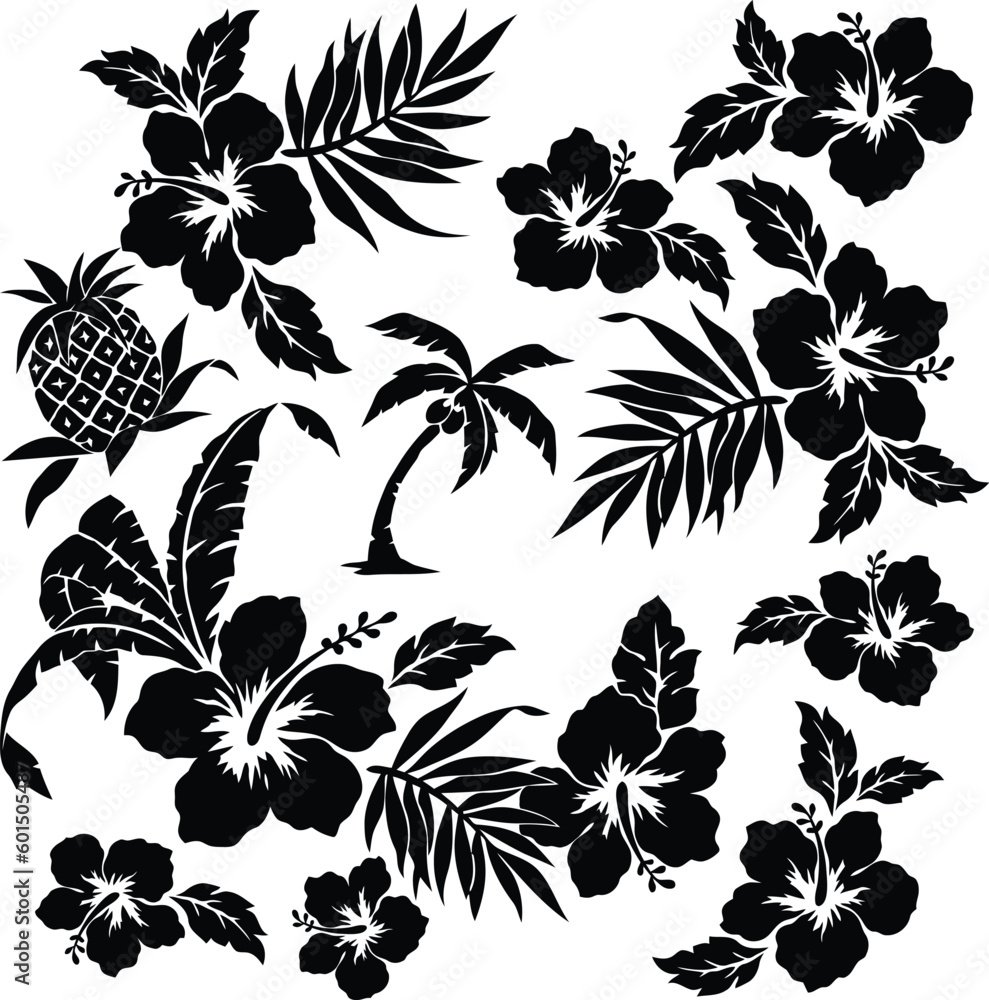 Tropical Paradise - Stock Vector Illustration of Lush Plants and Hibiscus Flowers