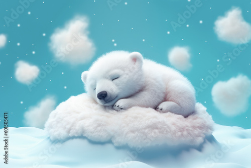 Lindo oso de peluche durmiendo en una nube rosa sobre fondo de cielo azul. Ilustración de IA generativa  © Helena GARCIA
