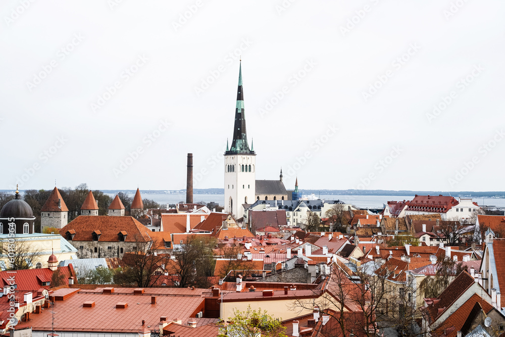 Obraz premium Top view of old Tallinn from the observation deck. Famous view of the old town and St. Olaf's church.Tour in Estonia.