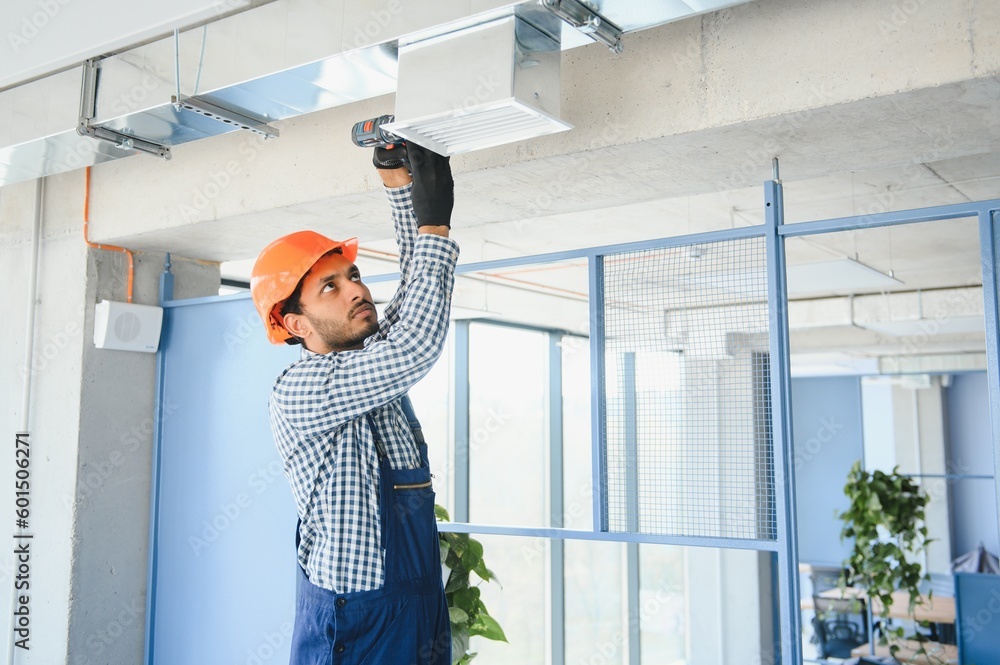custom made wallpaper toronto digitalhvac indian worker install ducted pipe system for ventilation and air conditioning. copy space