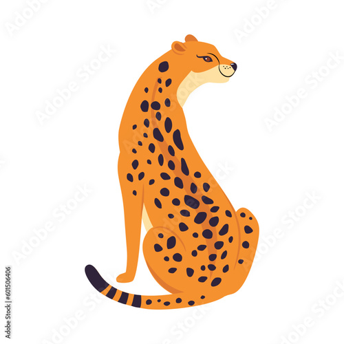Sitting Leopard as Wild Cat with Long Spotted Body Vector Illustration