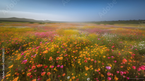 Nature's Tapestry: A Field of Blooming Wildflowers Stretching as Far as the Eye Can See, generative AI