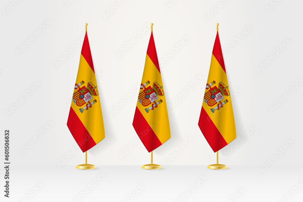 Three Spain flags in a row on a golden stand, illustration of press conference and other meetings. Three Spain flags in a row on a golden stand, illustration of press conference and other meetings.