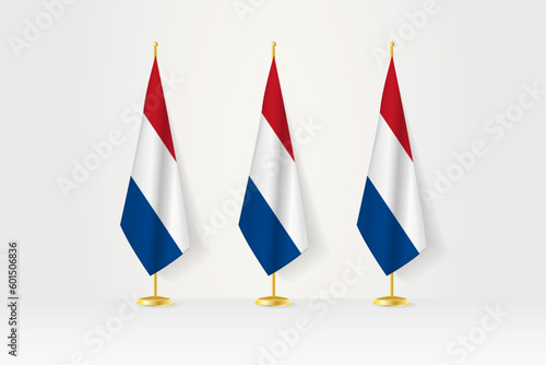 Three Netherlands flags in a row on a golden stand, illustration of press conference and other meetings.