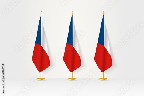 Three Czech Republic flags in a row on a golden stand, illustration of press conference and other meetings.