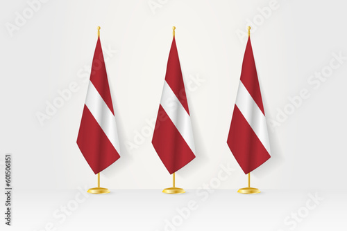 Three Latvia flags in a row on a golden stand, illustration of press conference and other meetings.