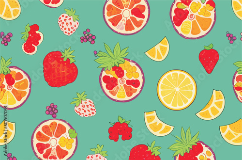 Vector abstract background with fruits and berries (strawberry, red currant, lemon).