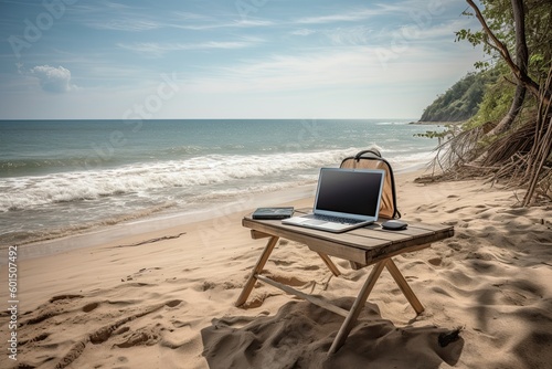 Laptop on wooden table on tropical beach.Digital nomad and remote work concept