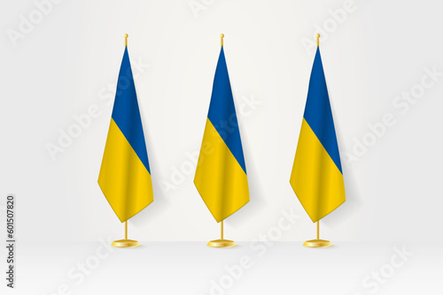 Three Ukraine flags in a row on a golden stand, illustration of press conference and other meetings.