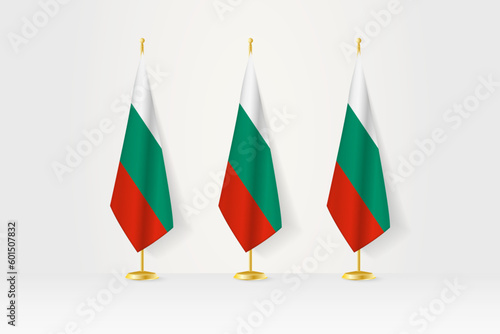 Three Bulgaria flags in a row on a golden stand, illustration of press conference and other meetings.