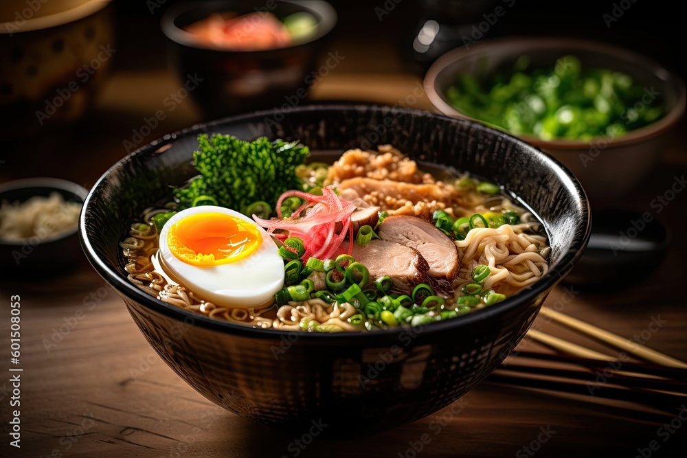 A bowl of pho with noodles, pork and a egg served in a traditional ceramic bowl (Generative AI, Generativ, KI)