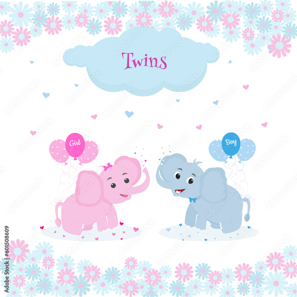 Fototapeta premium Happy birthday twins card with two elefants, balloons, hearts, clouds and flowrs for boy and girl