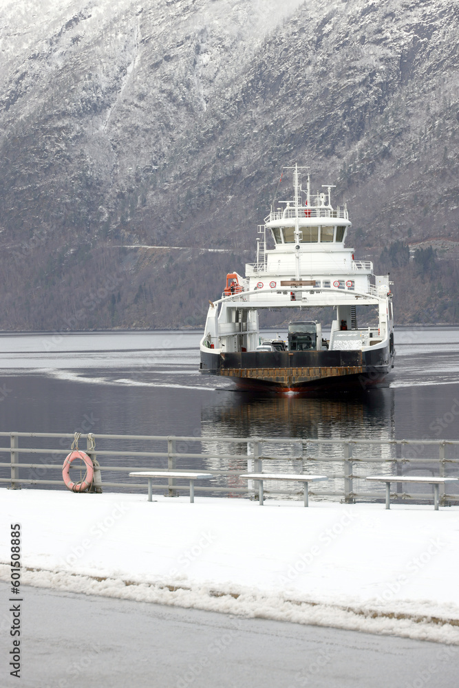 Winter view of the ferry boat from Lote to Anda, Norway, Europe Winter view of the ferry boat from Lote to Anda, Norway, Europe