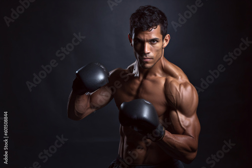 Fit young male model practising boxing. Masculine young male athlete working out on dark grey background. Generative ai. © ckybe