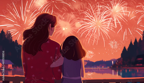 happy mother's day celebration. a mother and child watching fireworks in mothers day 2023 - generative ai