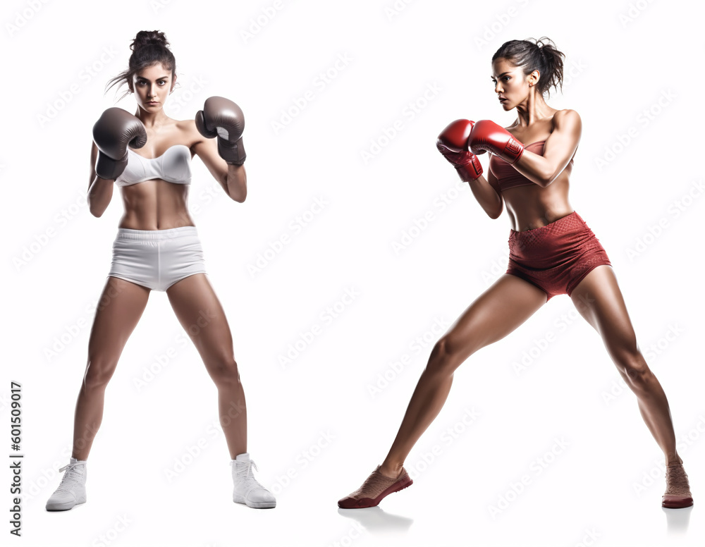 Sporty fit latin woman during boxing exercise making hit. Boxer isolated on white background. Strength and motivation. Generative Ai. Sporty fit latin woman during boxing exercise making hit. Boxer isolated on white background. Strength and motivation. Generative Ai.