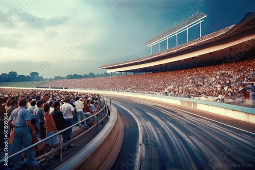 Empty racing track with crowds of people on grandstand