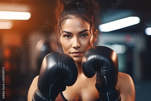 Latin young woman boxer preparing for boxing fight. Fitness mid adult woman preparing for boxing training at gym. Beautiful strong sportswoman. Generative AI. © ckybe