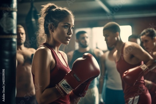 Profile view of a beautiful female boxer training next to a group of people in a gym. Generative Ai. © ckybe