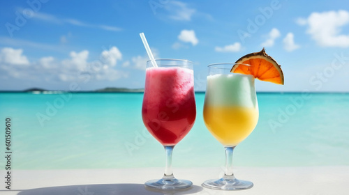 Couple of bright summer drinks with blur beach on background. AI generative