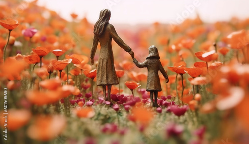 Mother and child holding hands and walking through a field of flowers. animated gif illustration for Mother's Day Celebration.