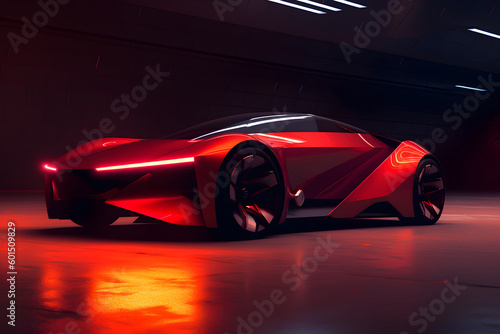 Next Generation Vehicle: an illustration of a brandless red futuristic concept car in a room with neon lights with the newest technologies and innovations, generative ai © Kikus
