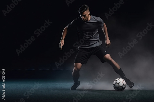 Full body shot: Caucasian Soccer/Football player, grey shirt, black shorts, maneuvering ball at night. Black background, advertising flash lighting. Copy space available. Ideal for sports, action them