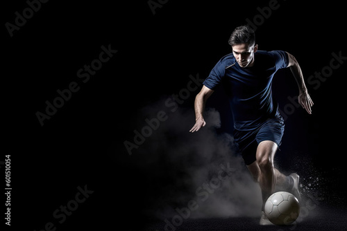 Epic full body shot of Caucasian Soccer or Football player in blue uniform, running with ball at feet, dust flying. Studio shot on black background. Ideal for dynamic sports and action themes